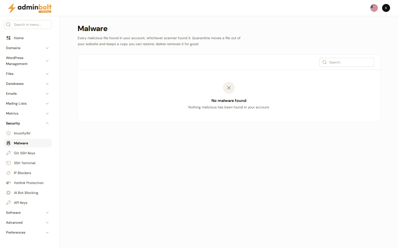 Security > Malware with no malware found in the account
