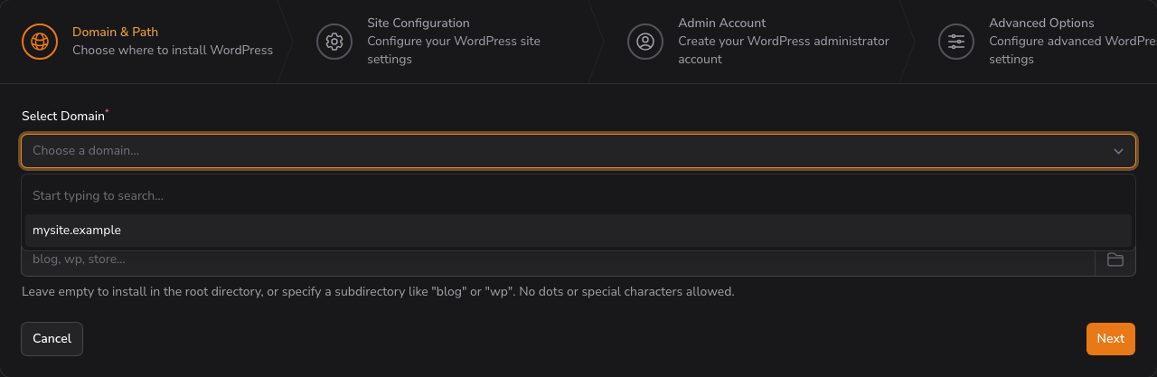 The Select Domain dropdown expanded, listing the domains available on the account