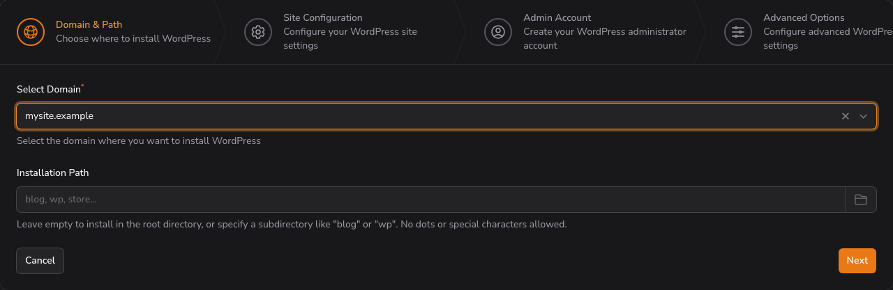 Step 1 of the wizard with the Select Domain dropdown and the Installation Path field