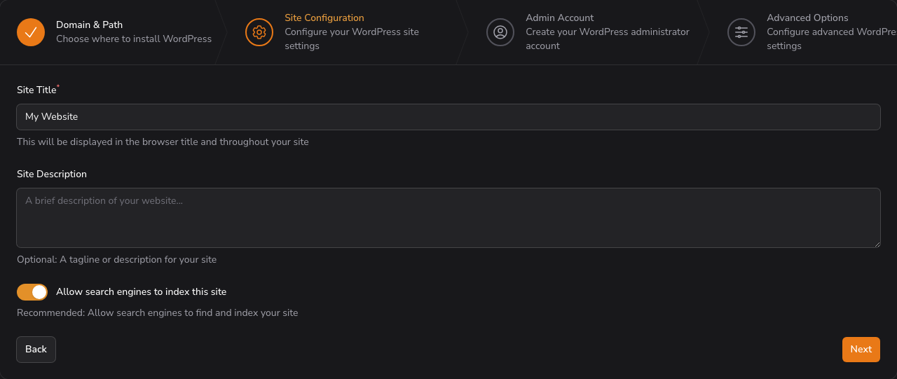 Step 2 of the wizard with the Site Title, Site Description and search engine toggle