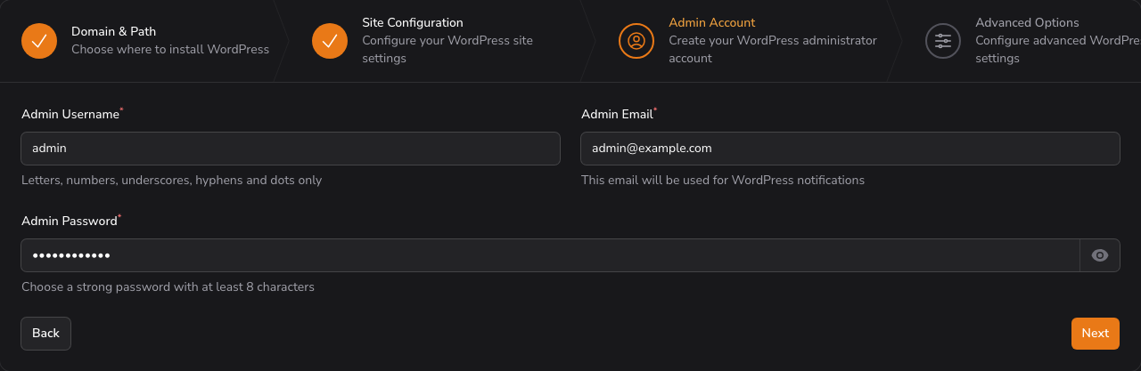 Step 3 of the wizard with the Admin Username, Admin Email and Admin Password fields