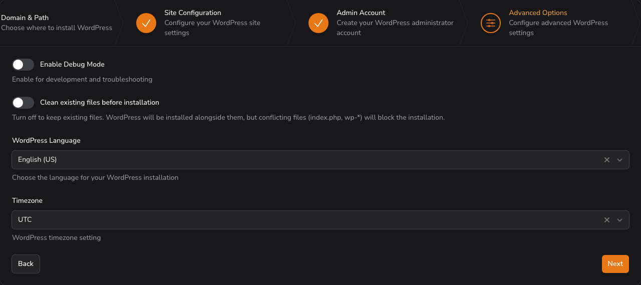 Step 4 of the wizard with the debug and cleanup toggles, the language selector and the timezone selector