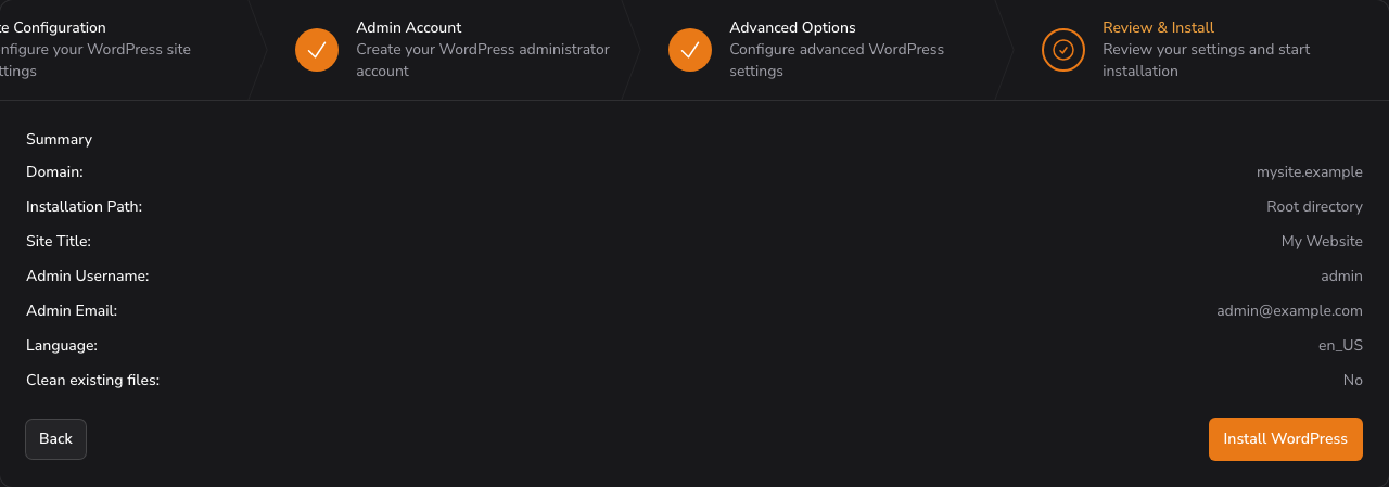 Step 5 of the wizard showing the summary of the chosen settings above the Install WordPress button