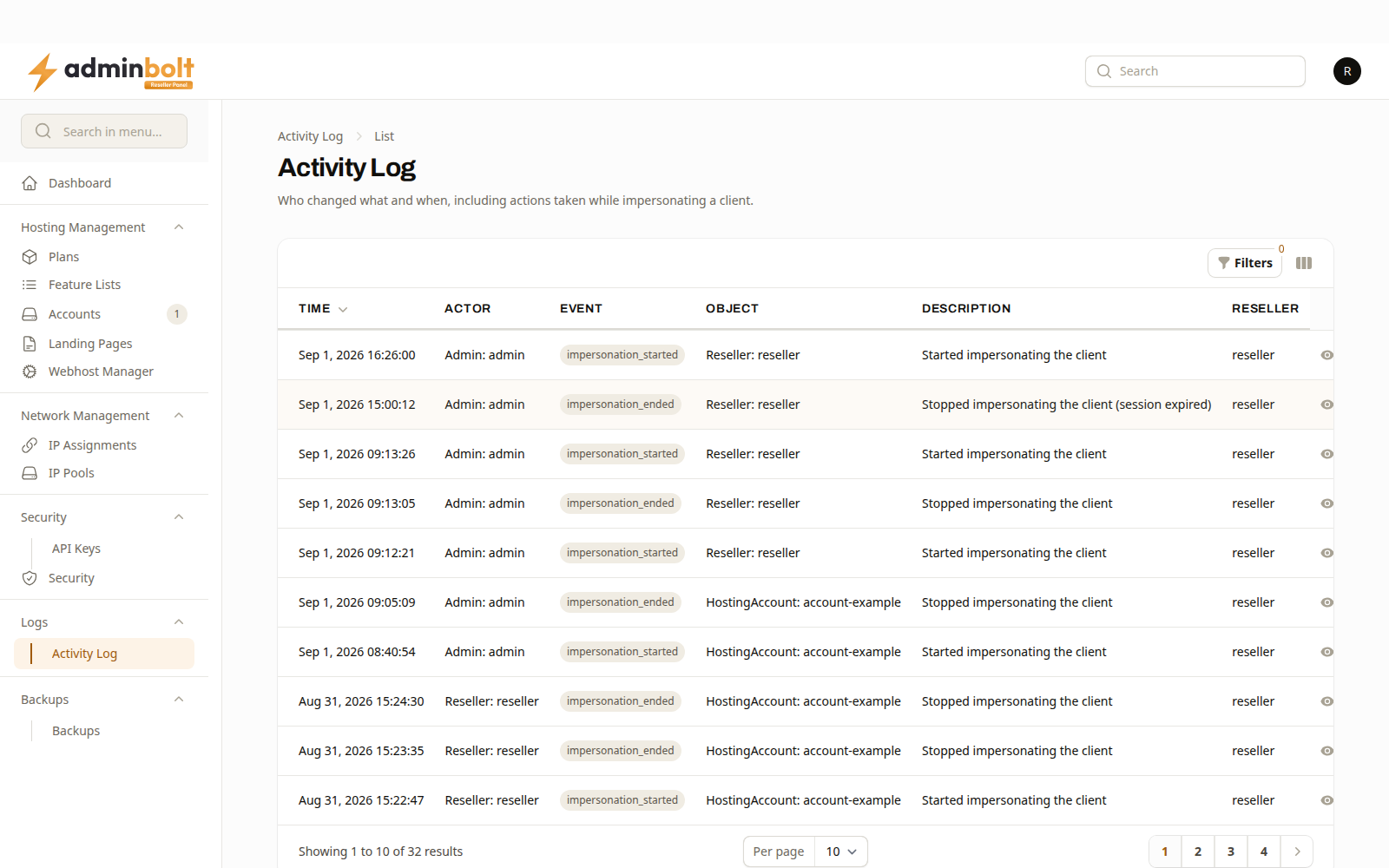 The reseller activity log