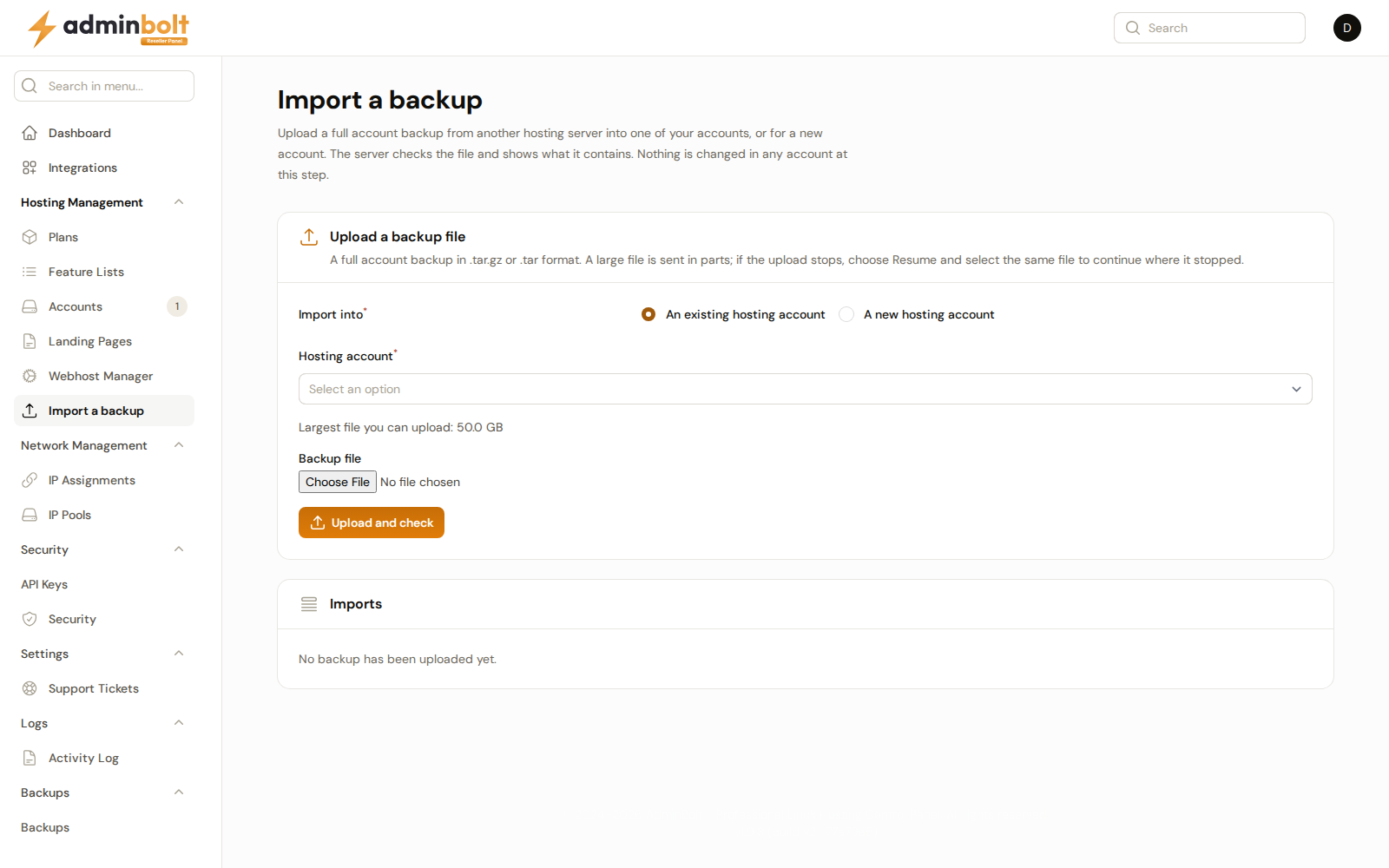 Import a backup in the reseller panel with the upload form and an empty imports list