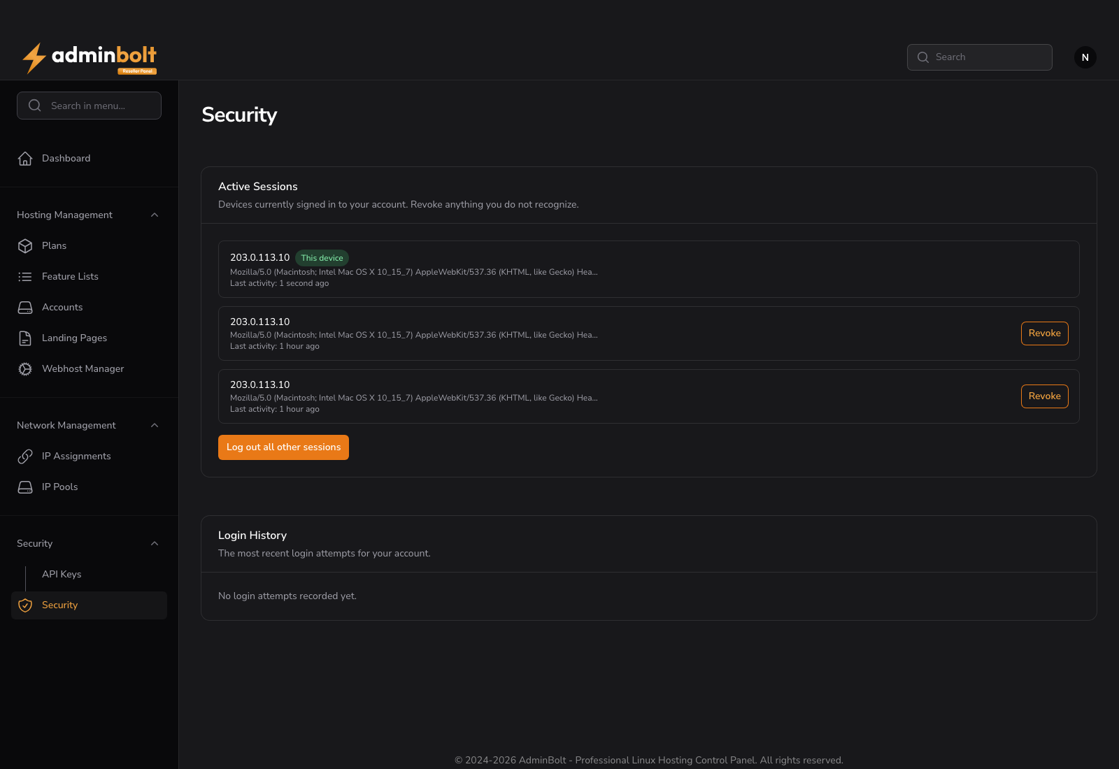 Reseller Security page with active sessions and login history