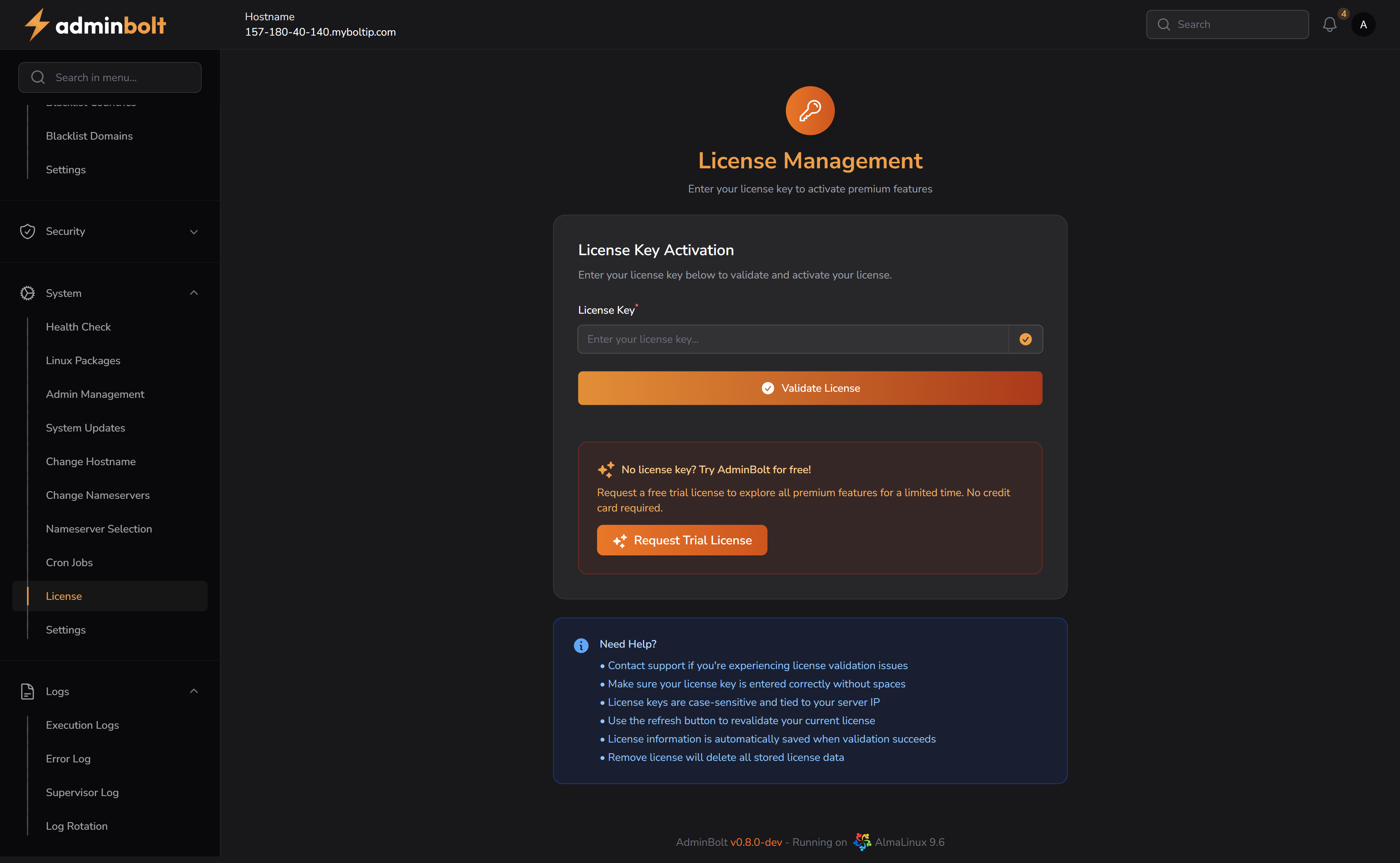 License Management Page