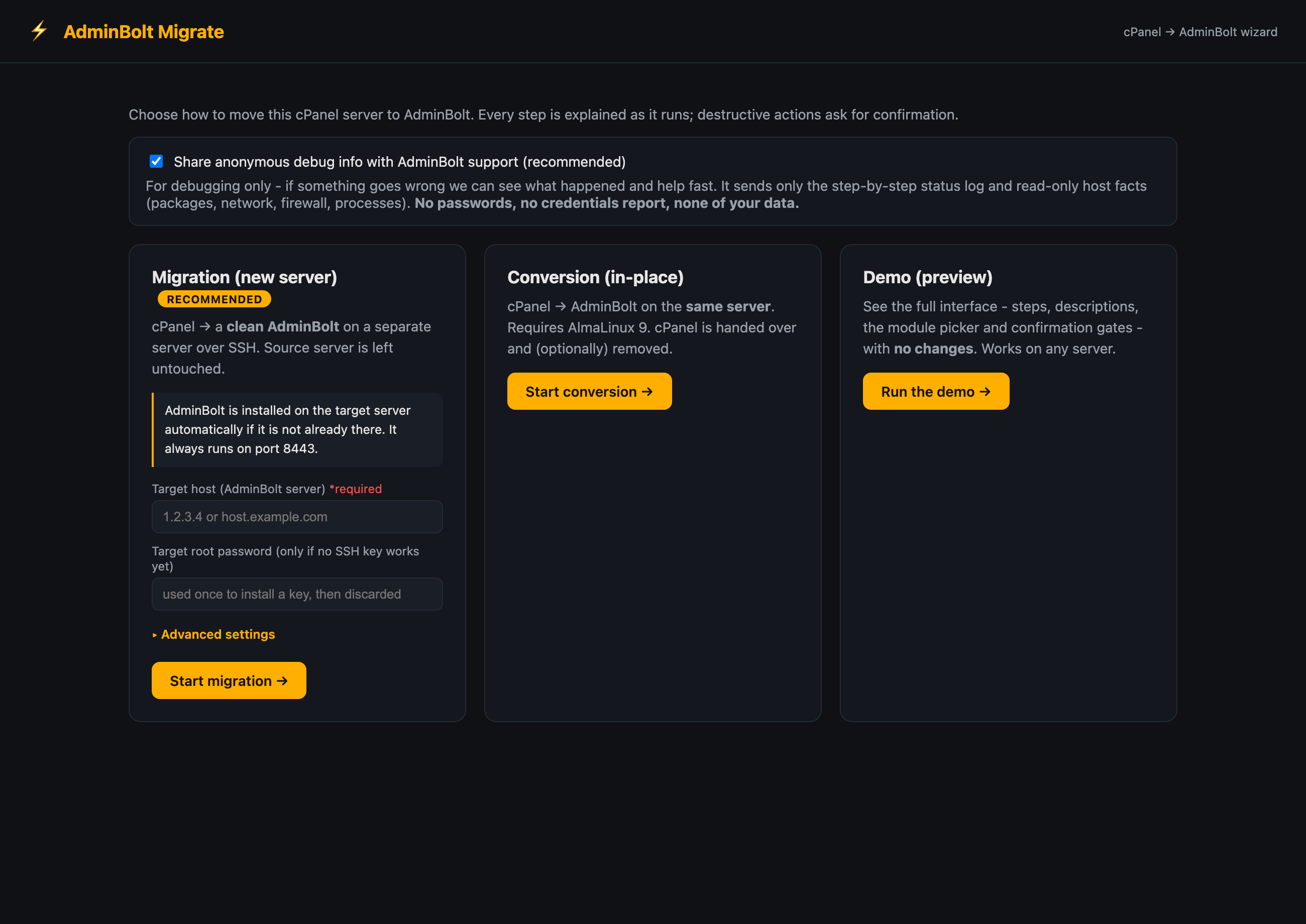 bolt-migrate web start screen: a diagnostics opt-in and three cards for Migration, Conversion, and Demo