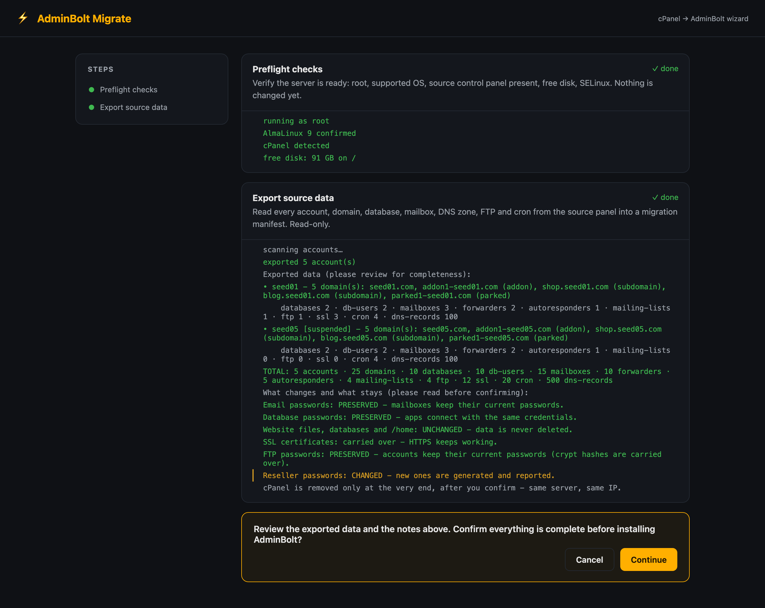 bolt-migrate web run view: a step timeline on the left and a live export summary with a review gate on the right