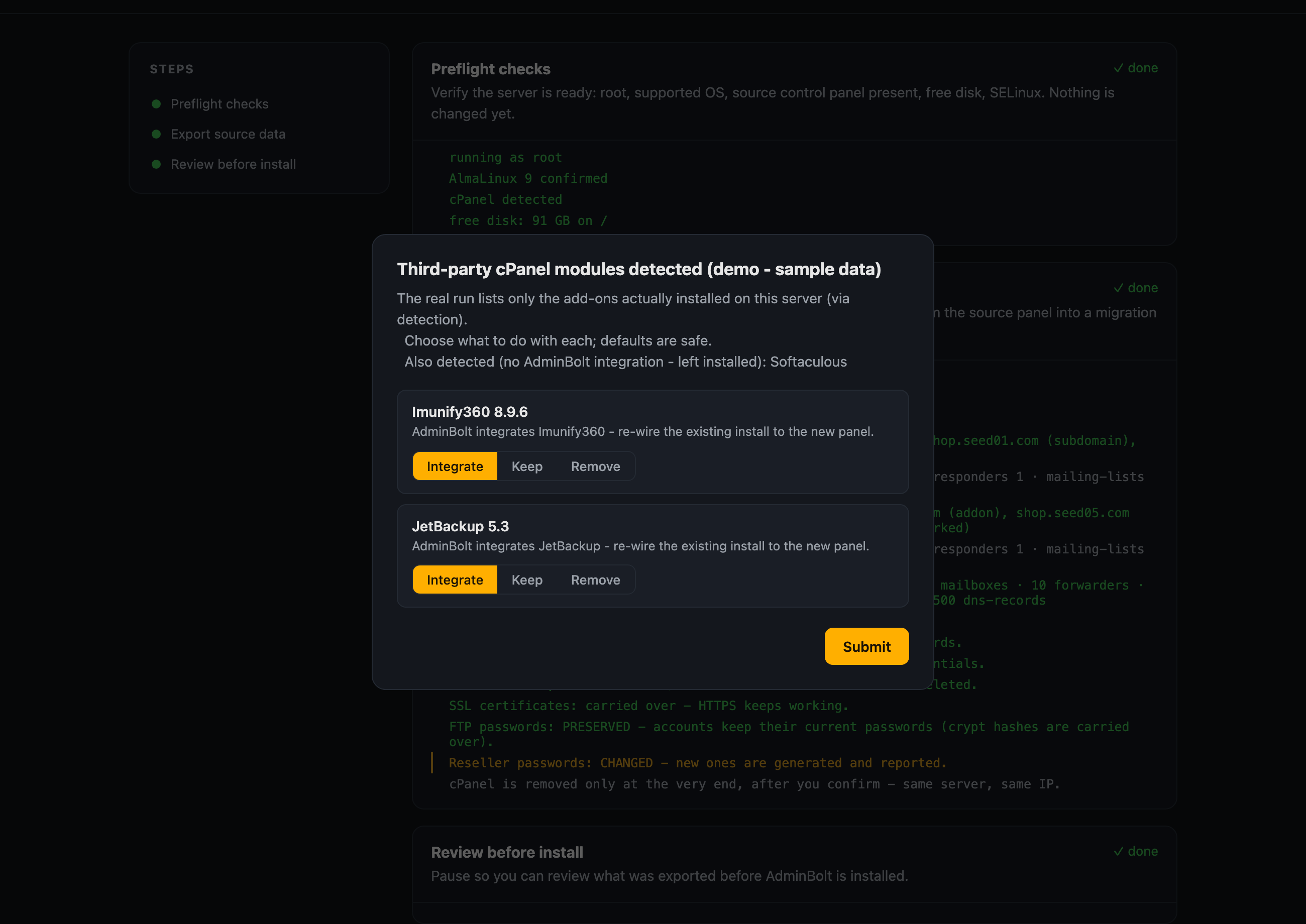 bolt-migrate web module picker: integrate, keep, or remove for each detected add-on