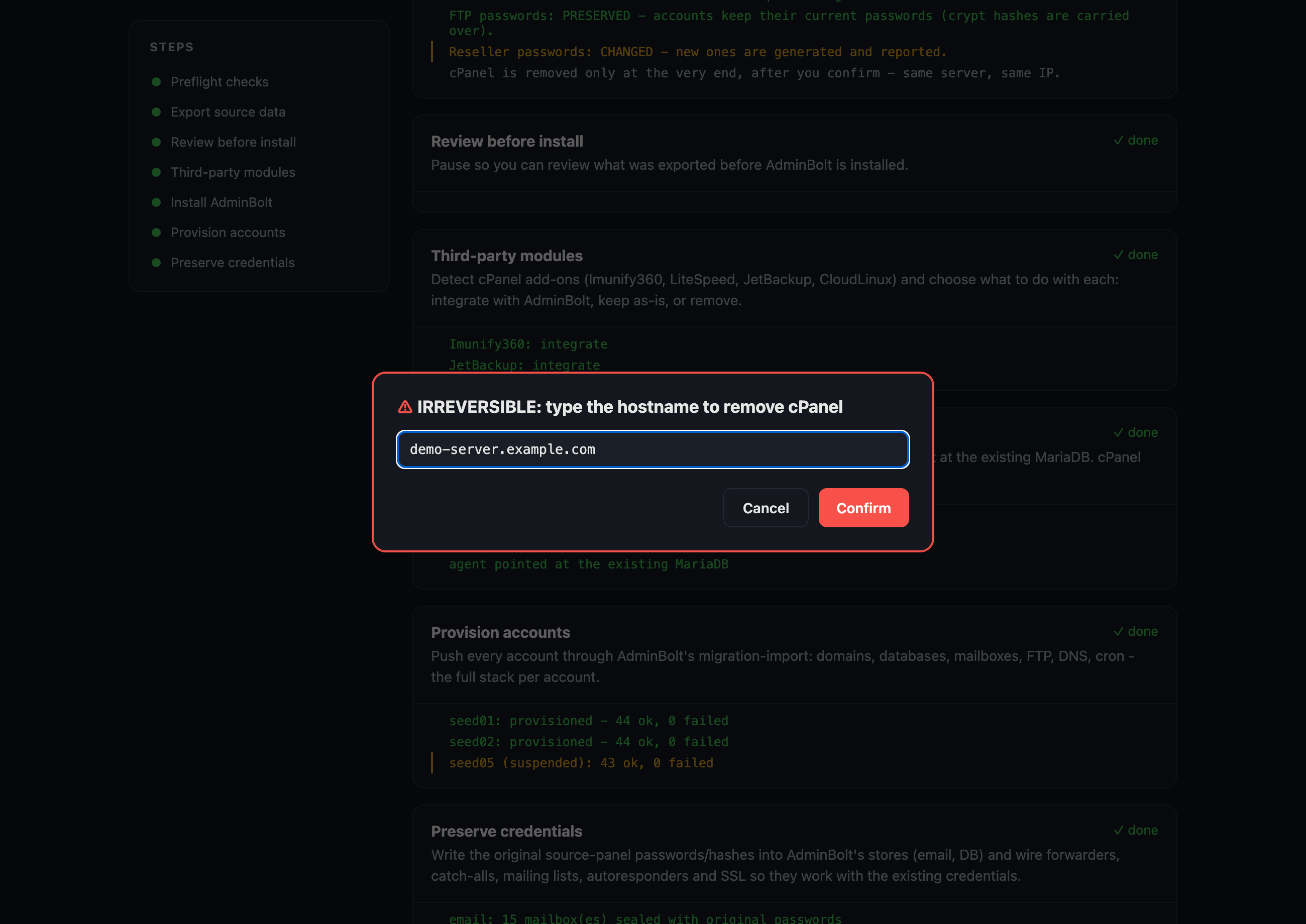 bolt-migrate web confirmation: a red gate requiring the server hostname to be typed before cPanel is removed