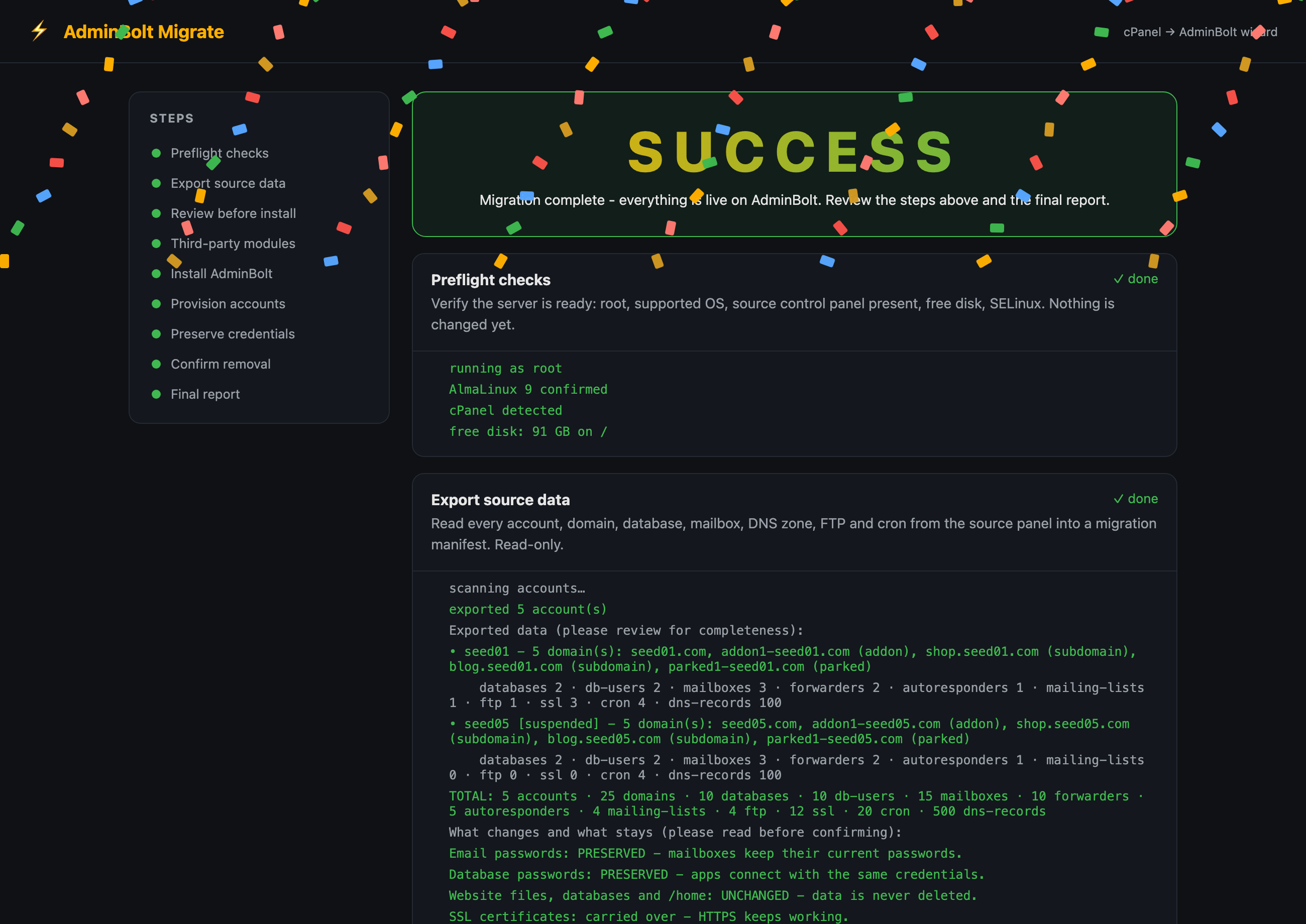 bolt-migrate web success screen: a large SUCCESS banner with confetti over the completed step timeline