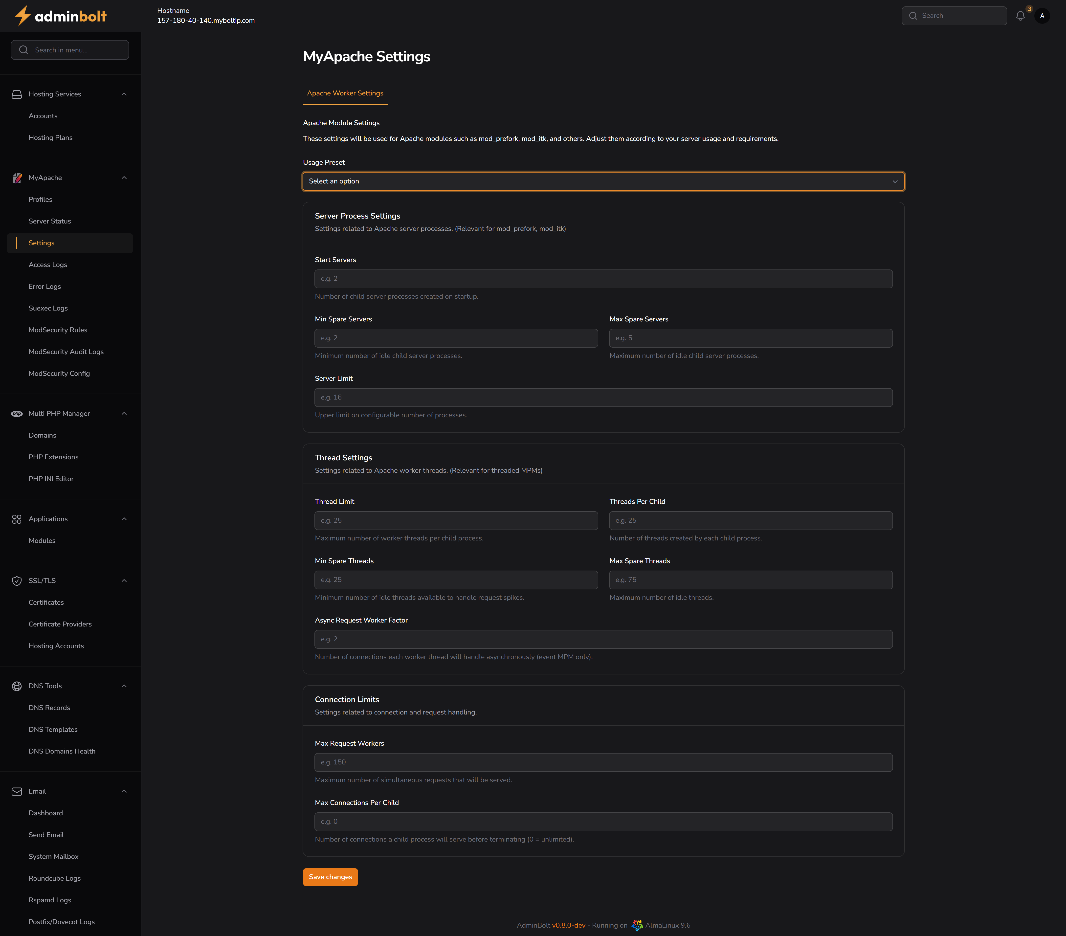 MyApache Settings Interface