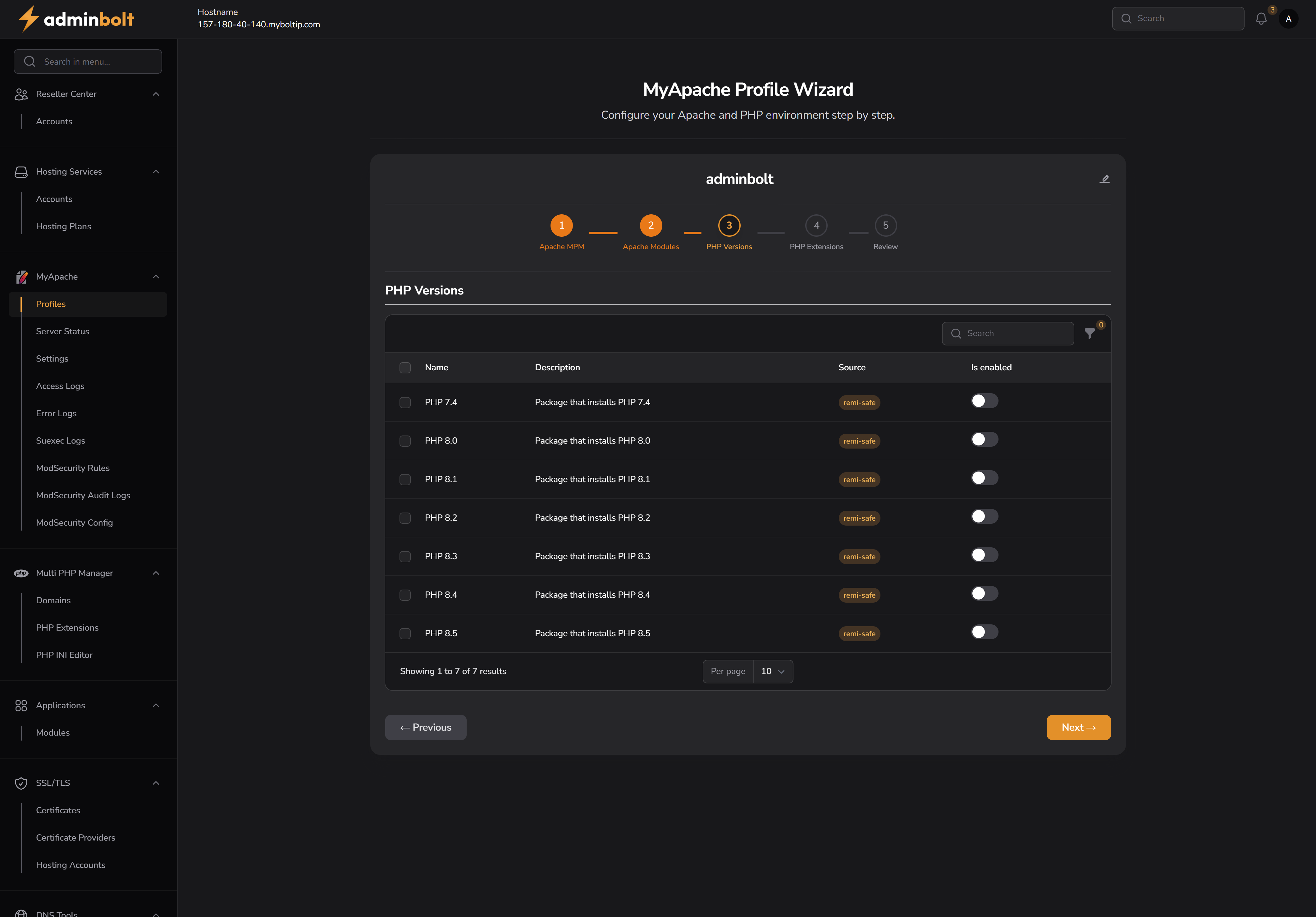 MyApache PHP Versions