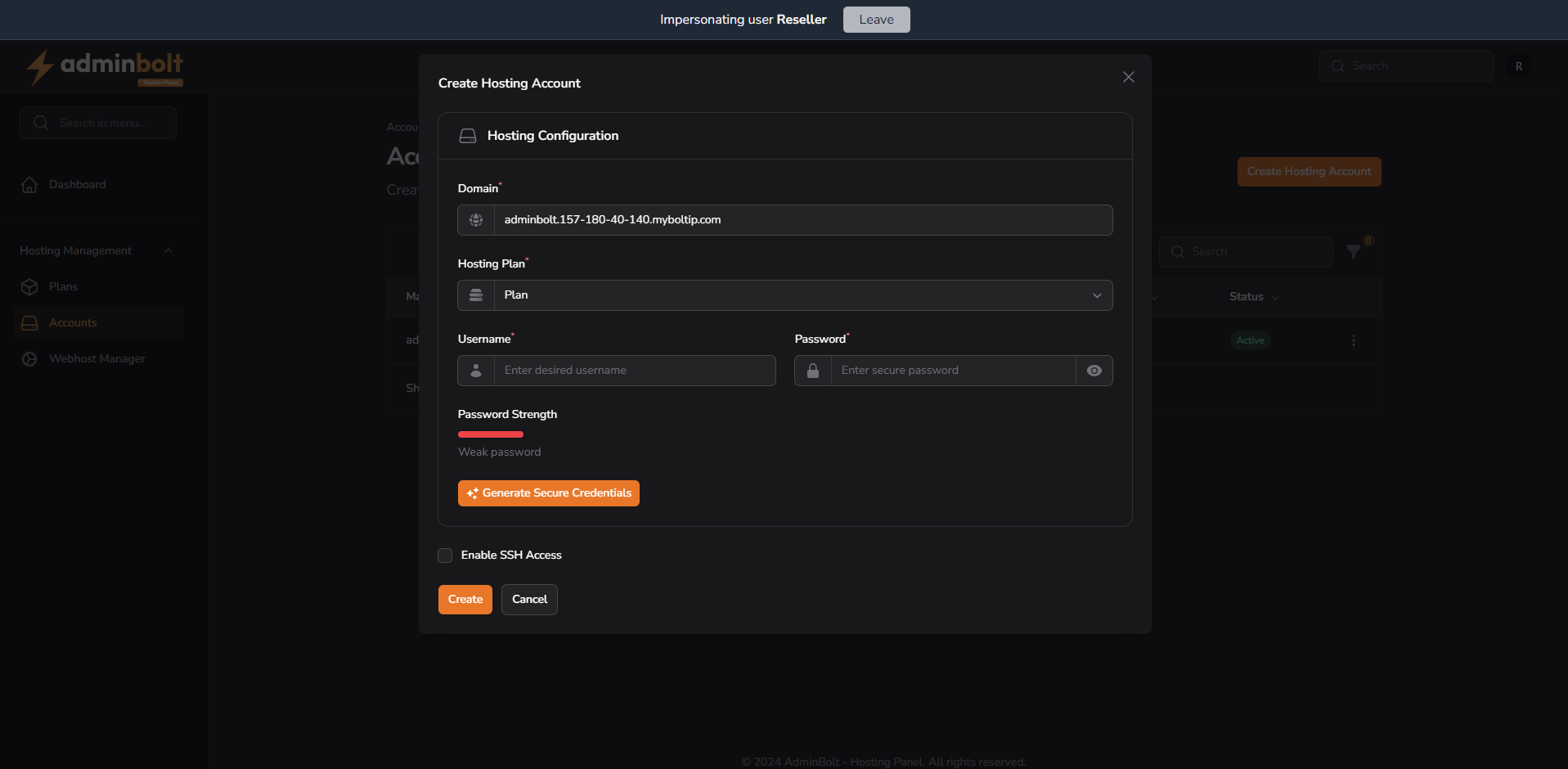 Create Hosting Modal