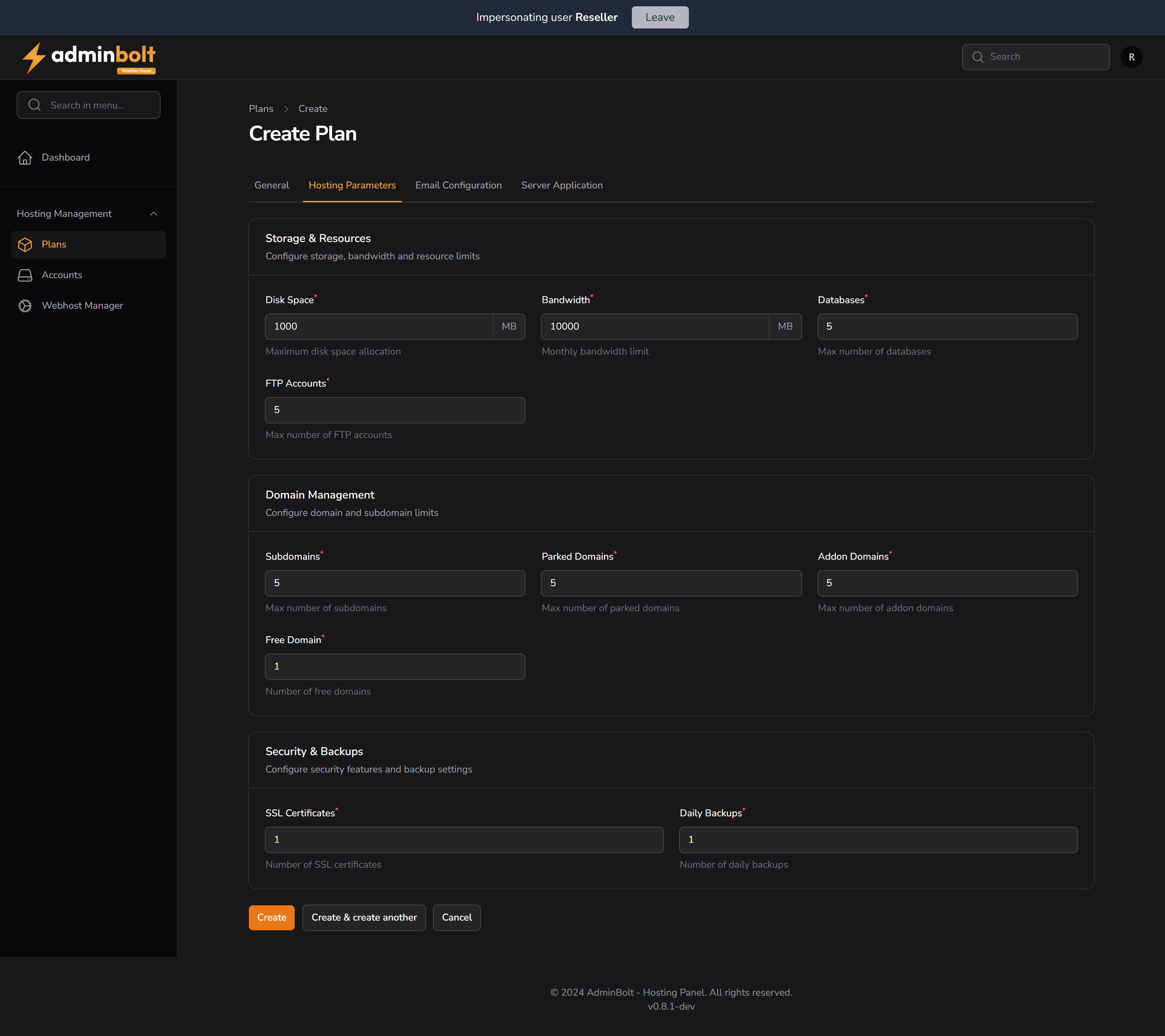 Hosting Parameters Tab